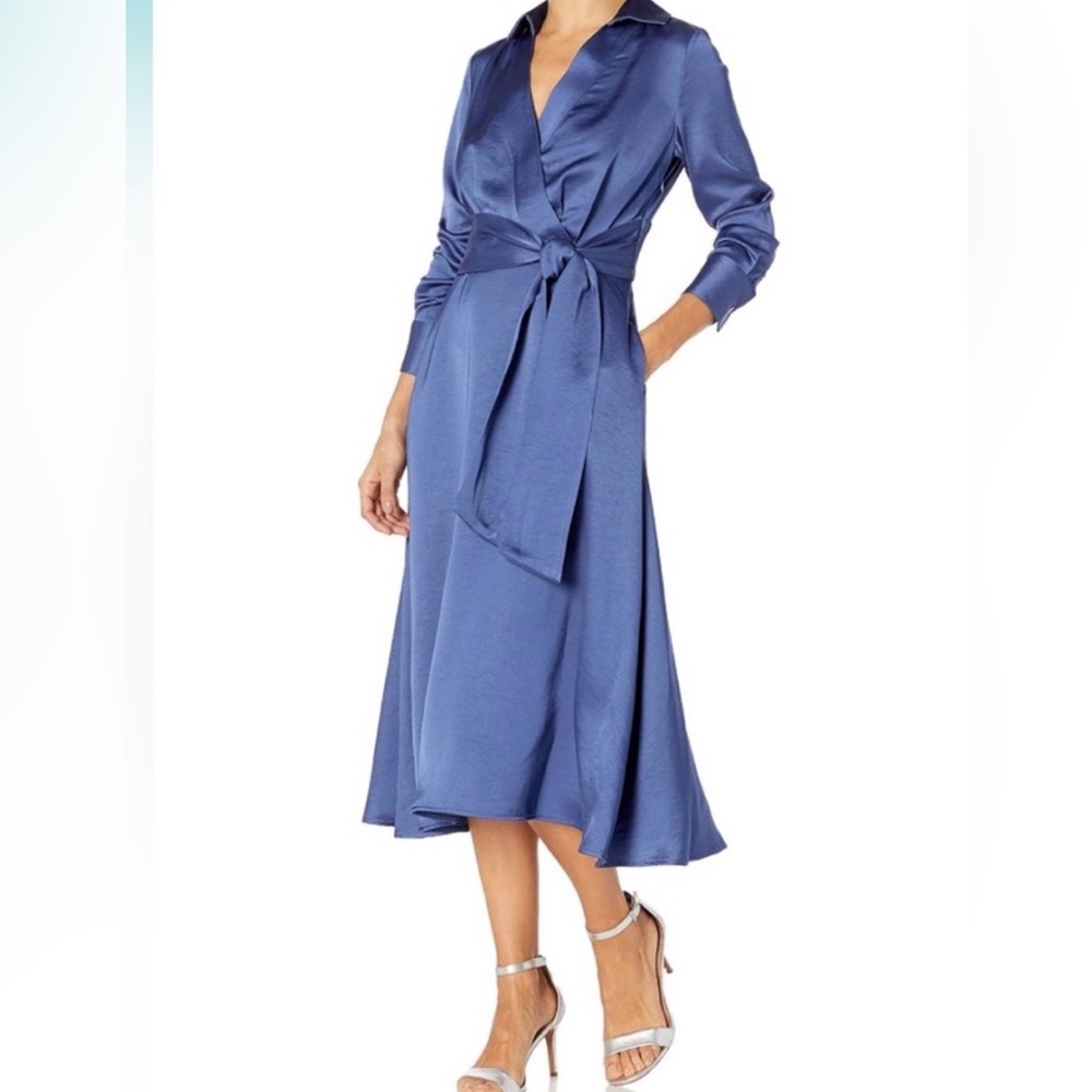 Tahari Blue Satin Wrap Midi Dress Elegant Long Sleeve Tie Waist Size 10